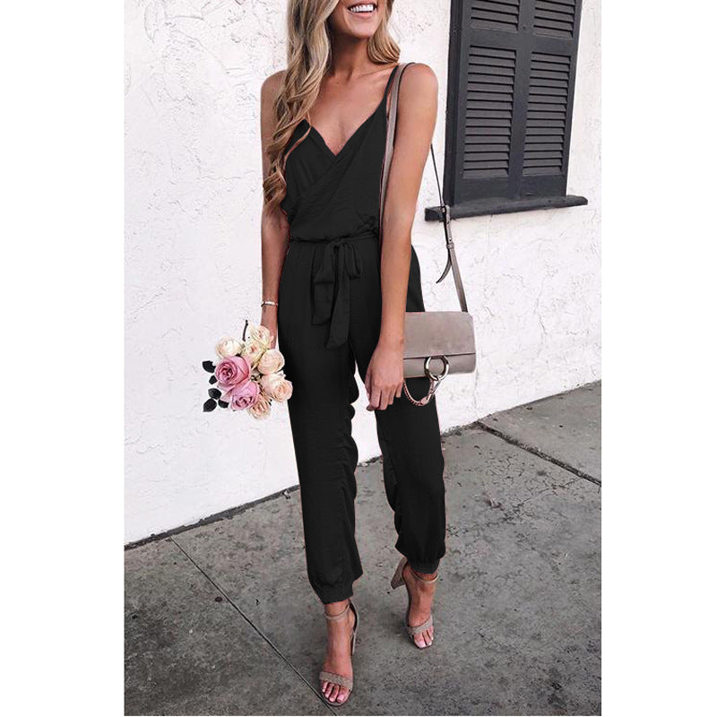 Women Solid Color Suspender Belt Jumpsuit – Elegant & Modern Look